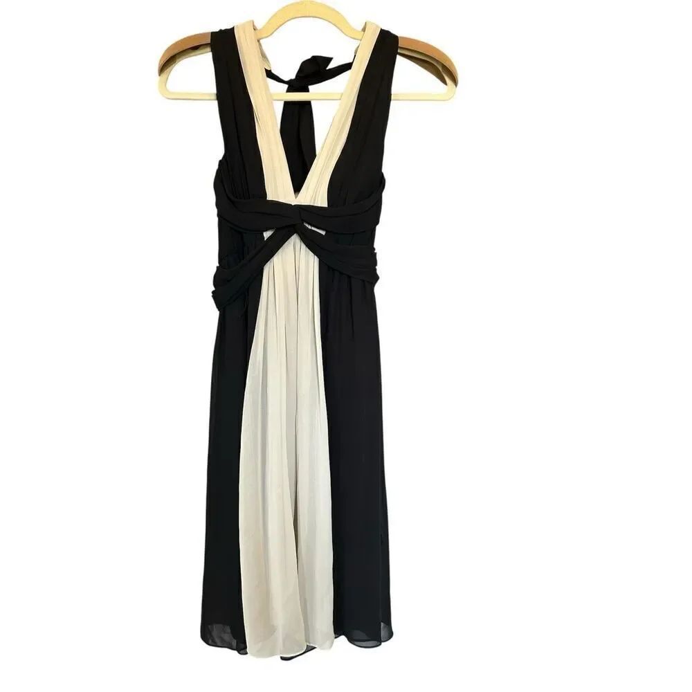 London Times Black Cream Halter Cocktail Dress Sz 6 LT1650 NWT Party Evening